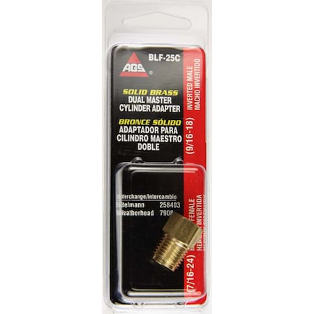 Ags Brass Adapter, Female(7/16-24 Invtd), Male(9/16-18 Invtd), 1/card BLF-25C